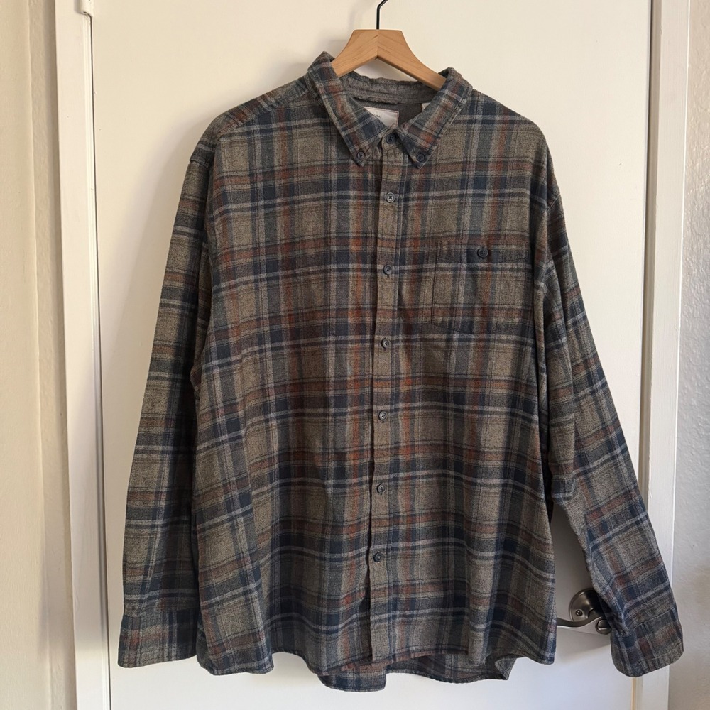 Weatherproof Vintage Mens 3XL Plaid Flannel Button Down Shirt Gray Blue Brown